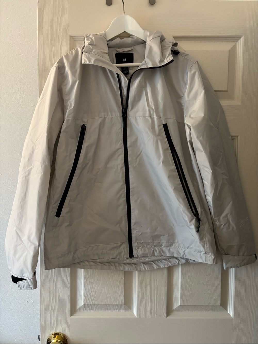 H&M Men's Light Gray Hooded Raincoat with Black Trim
